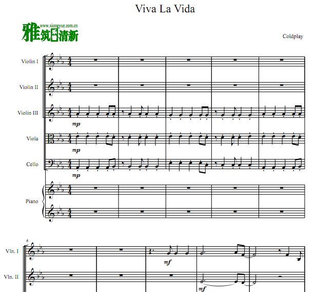 Viva La Vida 三小提中提大提钢琴六重奏谱