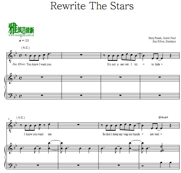 马戏之王 Rewrite The Stars钢琴伴奏谱