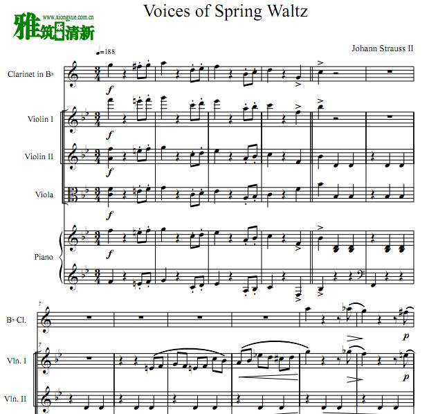 春之声圆舞曲单簧管弦乐钢琴五重奏谱