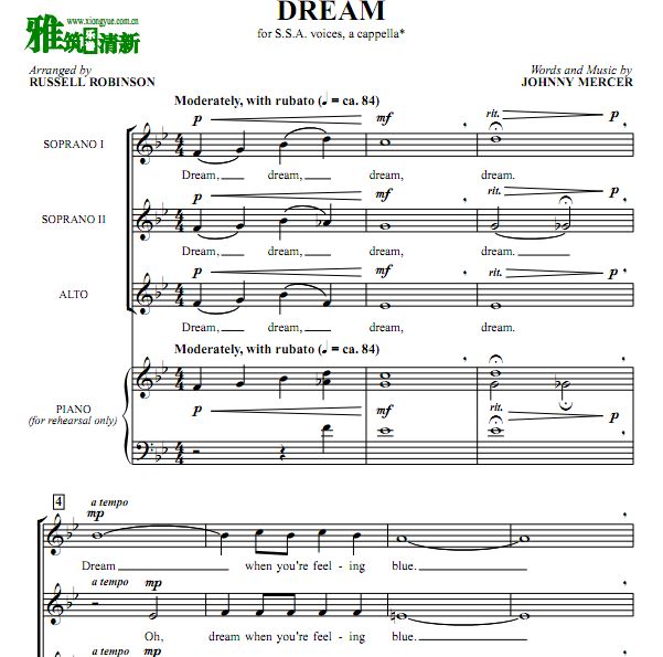 DREAM 三声部人声混声合唱谱 阿卡贝拉谱