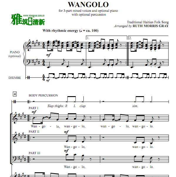 Wangolo 三声部阿卡贝拉合唱谱 