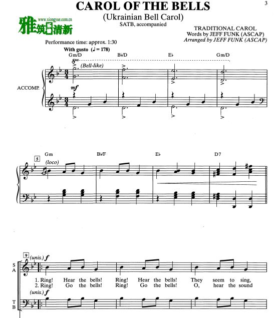 Carol of the bells四声部合唱钢琴伴奏谱