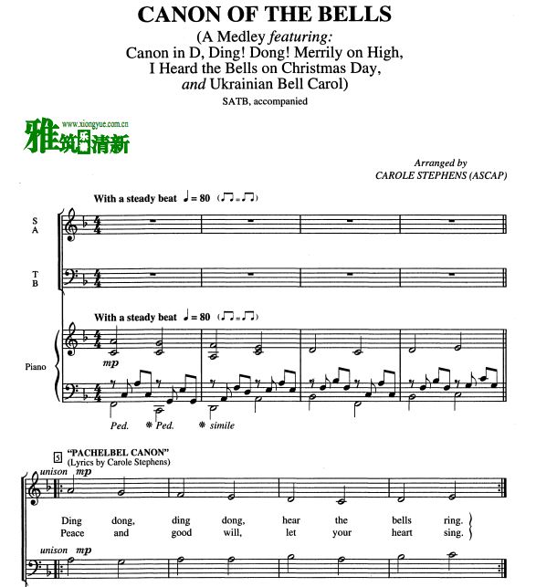 Canon of the Bells 圣诞歌曲串烧四声部合唱钢琴伴奏谱