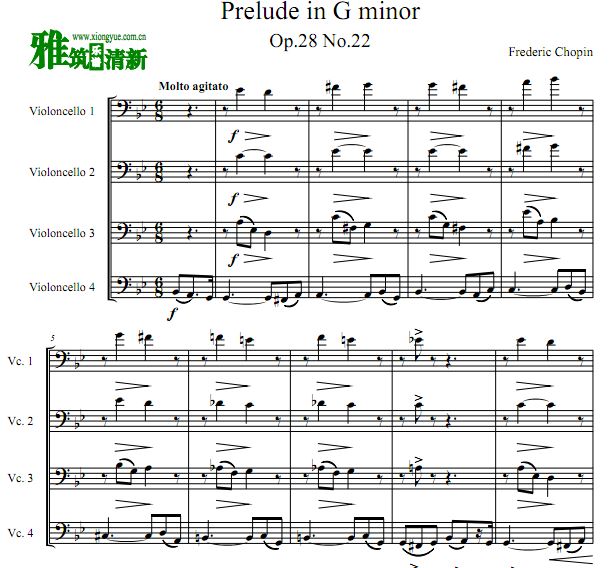 肖邦 g小调前奏曲 Op.28 No.22 大提琴四重奏谱