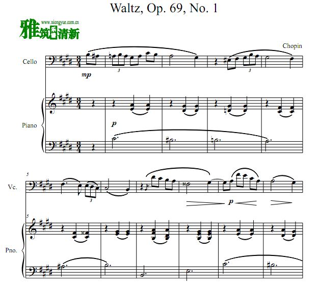 肖邦 降A大调离别圆舞曲 Waltz op.69, no.1大提琴谱 钢琴合奏谱