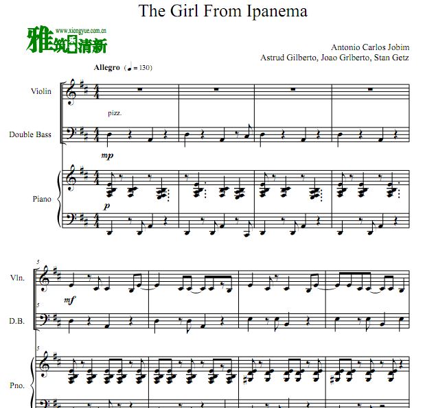 The Girl from Ipanema 小提琴低音提琴钢琴三重奏谱