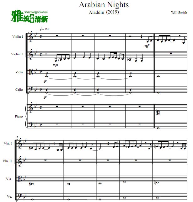 阿拉丁 Arabian Nights 弦乐四重奏+钢琴谱