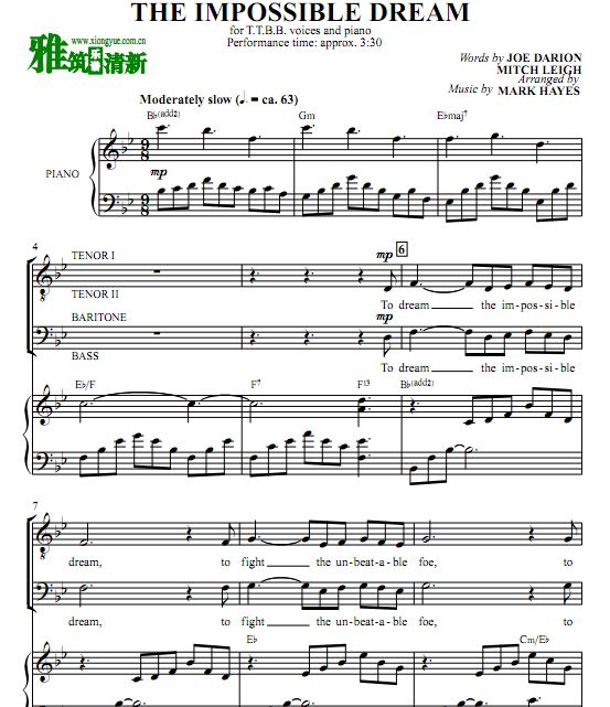 The Impossible Dream 四声部男声合唱谱 钢琴伴奏谱