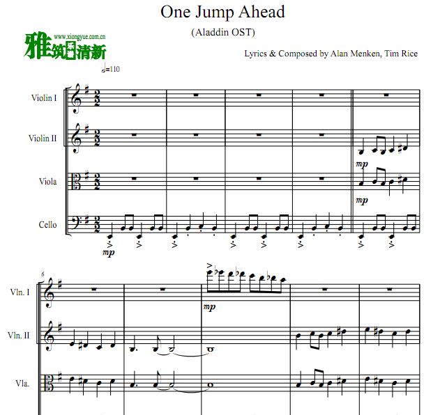 阿拉丁 One Jump Ahead 二小提中提大提 弦乐四重奏谱