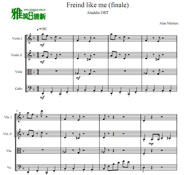 阿拉丁 Friend Like Me (Finale) 弦乐四重奏谱