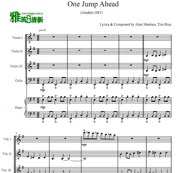 阿拉丁 One Jump Ahead 小提琴大提琴钢琴五重奏谱