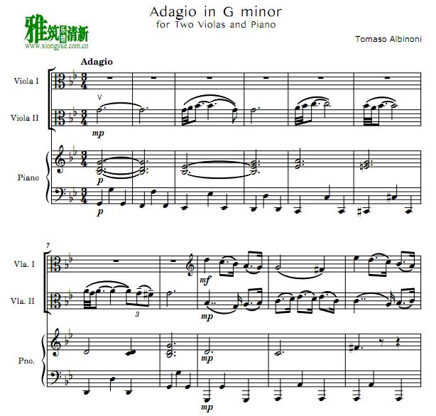 Albinoni - Adagio g小调慢板中提琴二重奏钢琴伴奏谱