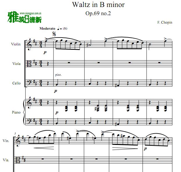 肖邦 B小调第十号圆舞曲 Op.69 No.2钢琴四重奏谱