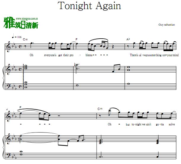 Guy Sebastian - Tonight Again歌谱 钢琴弹唱谱