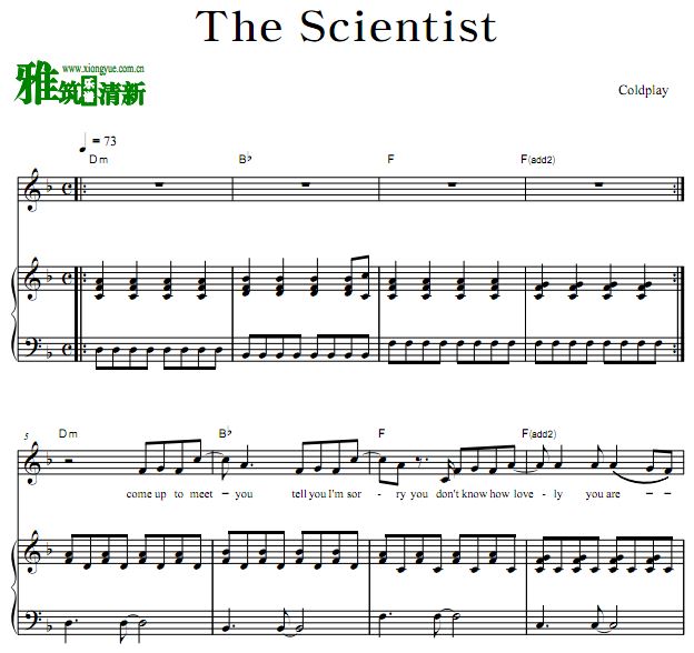 Coldplay - The Scientist 钢琴弹唱谱 原调歌谱