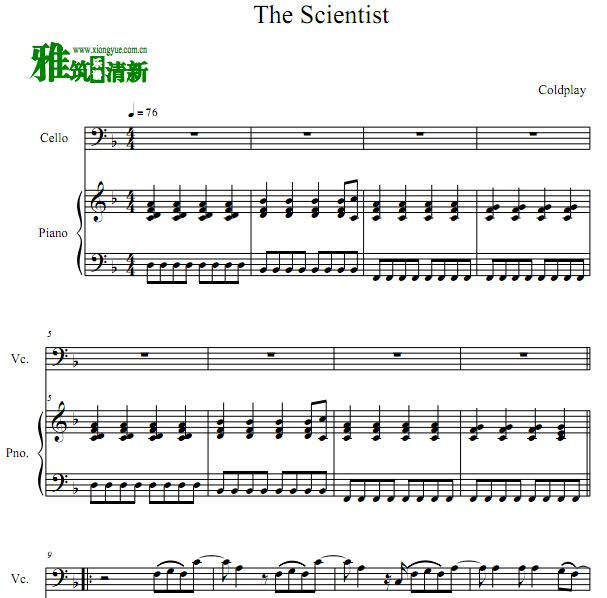 Coldplay - The Scientist 大提琴钢琴合奏谱