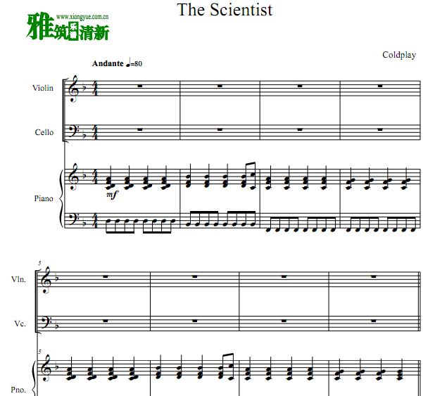 Coldplay - The Scientist 小提琴大提琴钢琴合奏谱