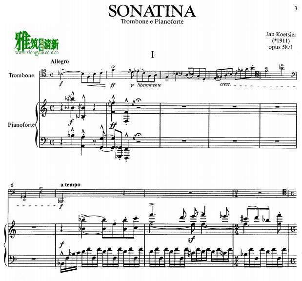 考茨耶 Jan.koetsier - 奏鸣曲 Sonatina 长号钢琴伴奏谱