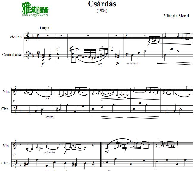 Czardas 查尔达什舞曲 小提琴低音提琴二重奏谱
