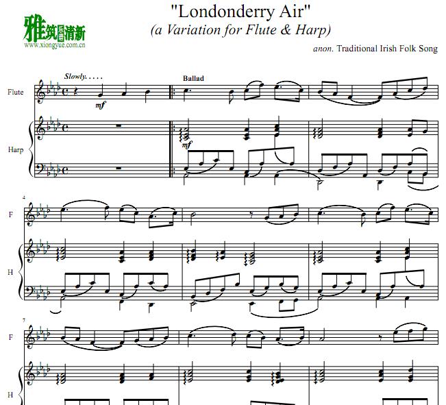 伦敦德里小调 Londonderry Air 长笛竖琴二重奏谱