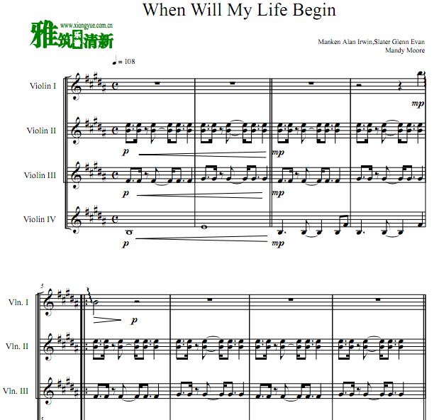 When WIll My Life Begin 小提琴四重奏谱