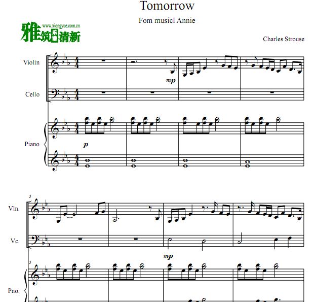 音乐剧 安妮 - TOMORROW小提大提钢琴合奏谱