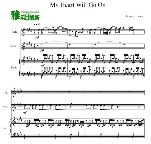 My Heart Will Go On 小提琴长笛钢琴三重奏谱