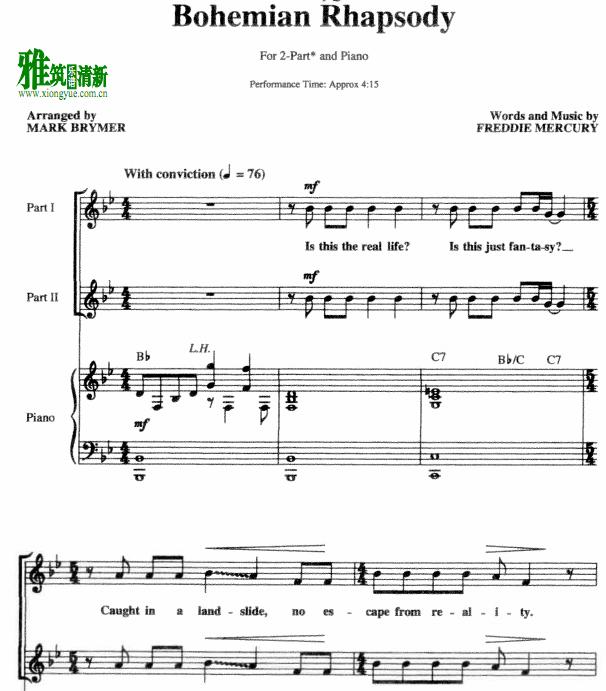 波西米亚狂想曲 2声部合唱钢琴伴奏谱Bohemian Rhapsody