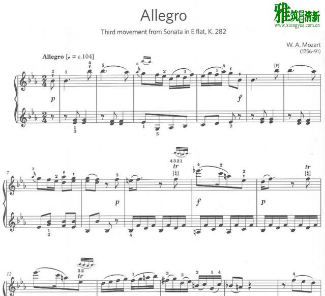 莫扎特降E大调第4钢琴奏鸣曲 K282-3 Allegro钢琴谱