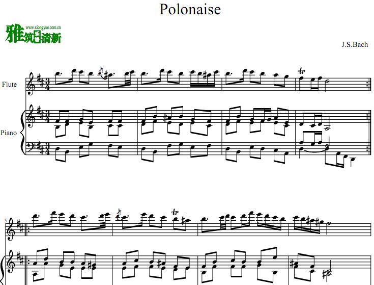 巴赫 polonaise 波兰舞曲长笛钢琴伴奏谱