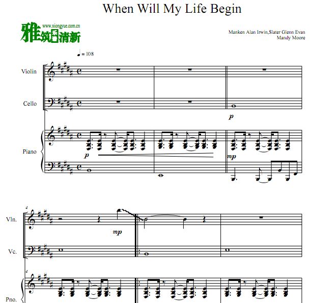 When WIll My Life Begin小提琴大提琴钢琴三重奏谱