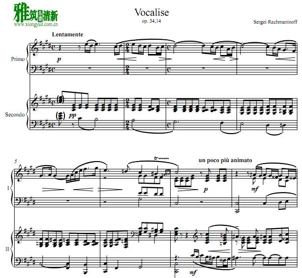 拉赫玛尼诺夫 练声曲 Vocalise Op.34, No.14四手联弹谱