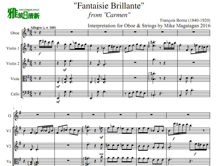 Borne Fantaisie brillante 双簧管小提中提大提五重奏谱