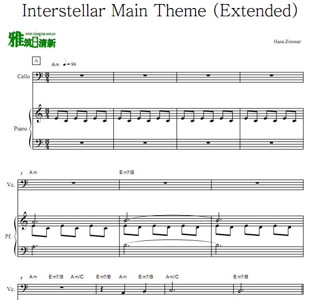 星际穿越主题曲 Interstellar Main Theme 大提琴钢琴伴奏谱