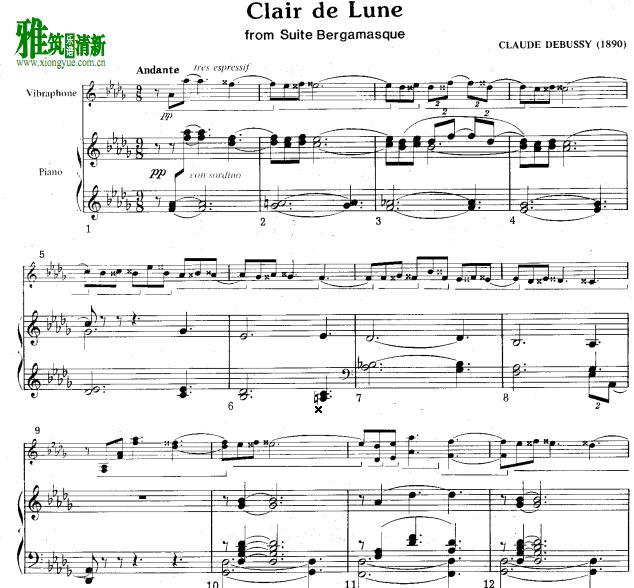德彪西-月光 Clair de Lune颤音琴钢琴伴奏谱
