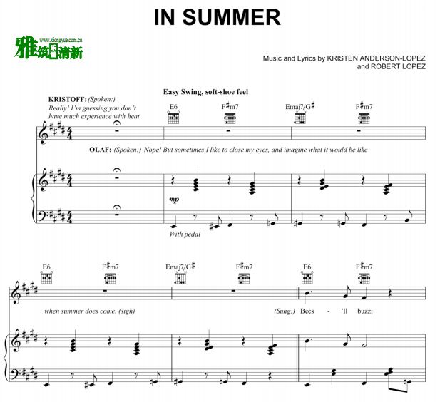 冰雪奇缘 Josh Gad - In Summer声乐歌谱 钢琴谱