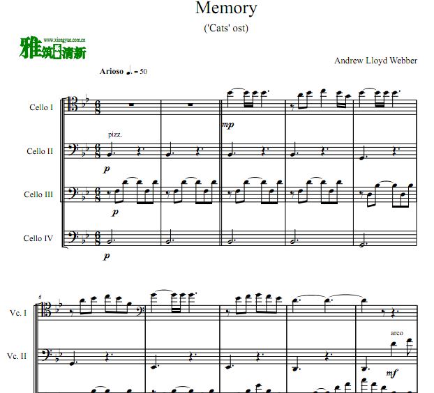 音乐剧猫 CATS - Memory大提琴四重奏谱