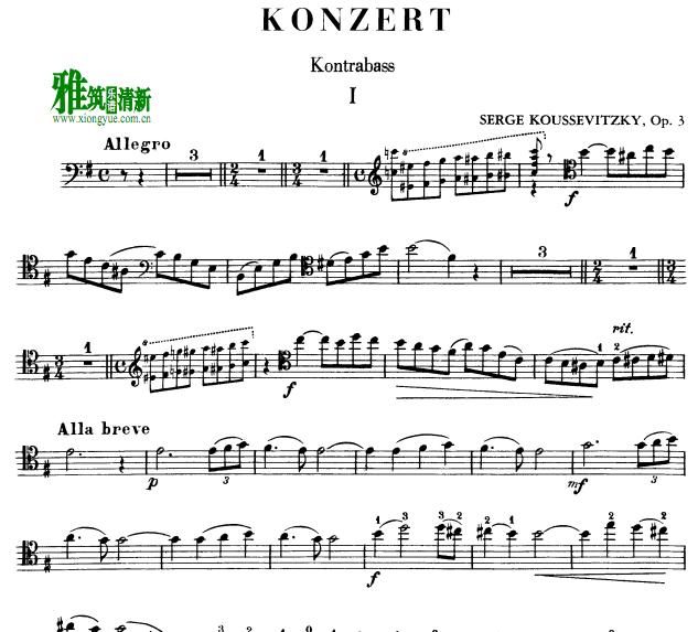 库塞维斯基升f小调低音提琴协奏曲 低音提琴谱 Double Bass Concerto, Op.3