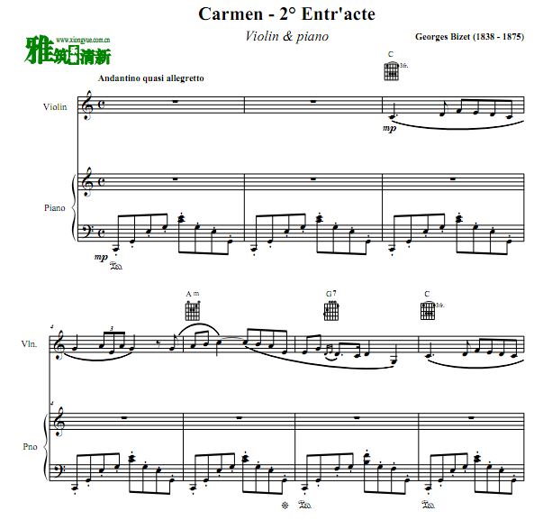 Carmen Entr'acte 小提琴钢琴谱