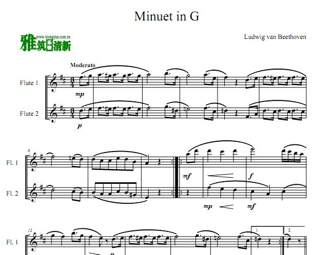 贝多芬 Minuet in G major G大调小步舞曲长笛二重奏谱