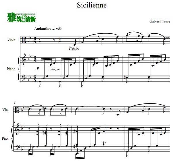 福雷 西西里舞曲 Sicilienne Op.78中提琴钢琴合奏谱