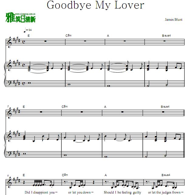 James Blunt - Goodbye My Lover 弹唱钢琴谱 歌谱