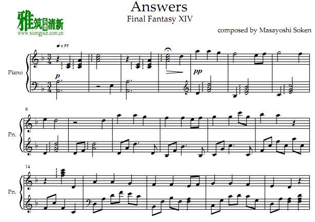 Final Fantasy XIV - Answers 钢琴谱
