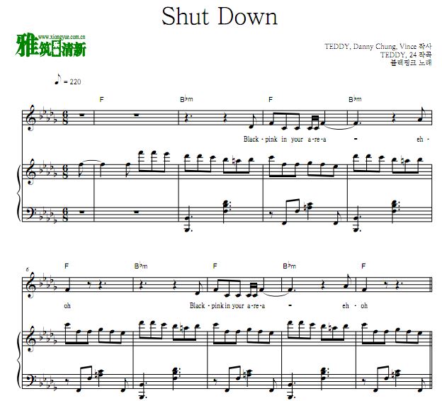 Shut Down - BLACKPINK 唱谱 钢琴弹唱谱