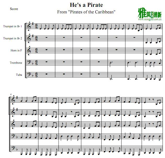 He's a pirate 铜管五重奏谱