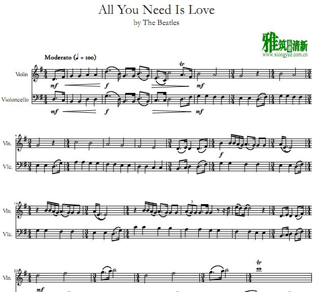 The Beatles - All You Need Is Love小提琴大提琴二重奏谱