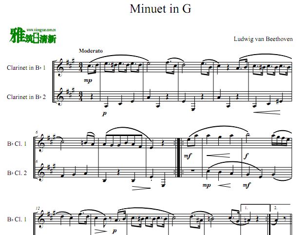 贝多芬 G大调小步舞曲单簧管二重奏谱
