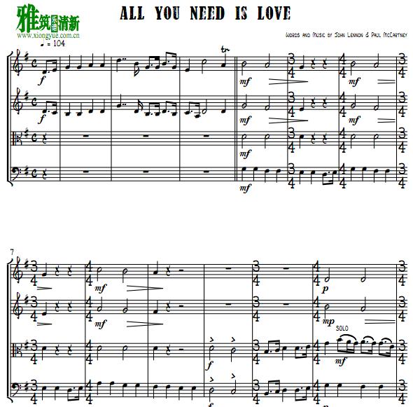 Beatles - All You Need is Love 弦乐四重奏谱