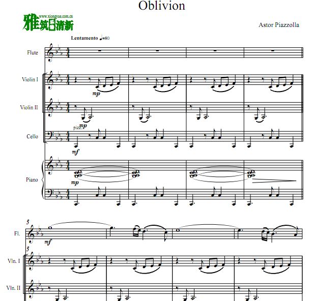 皮亚佐拉 遗忘 oblivion 长笛弦乐钢琴五重奏谱