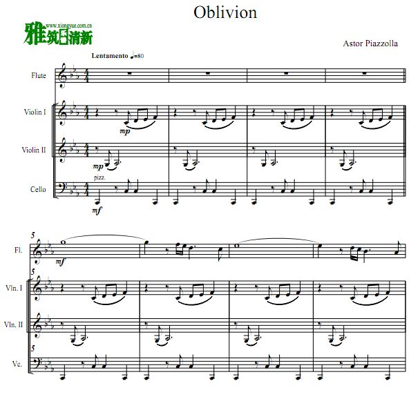 皮亚佐拉 遗忘 oblivion长笛小提琴大提琴合奏谱